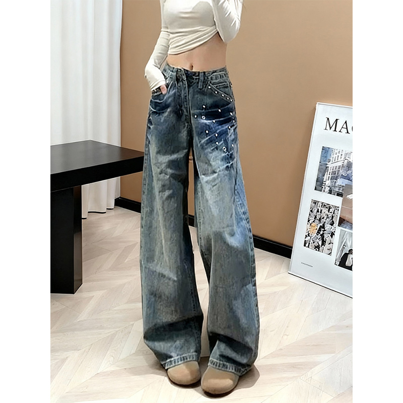 美式复古蓝色阔腿牛仔裤女2025冬