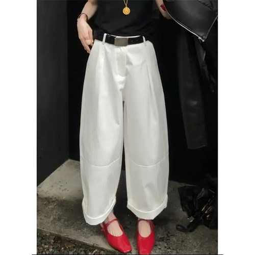 压褶纯色九分休闲裤女