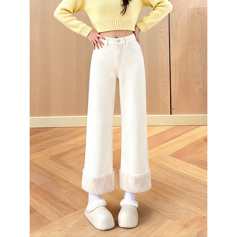 加绒加厚奶杏拼接小个子牛仔裤女