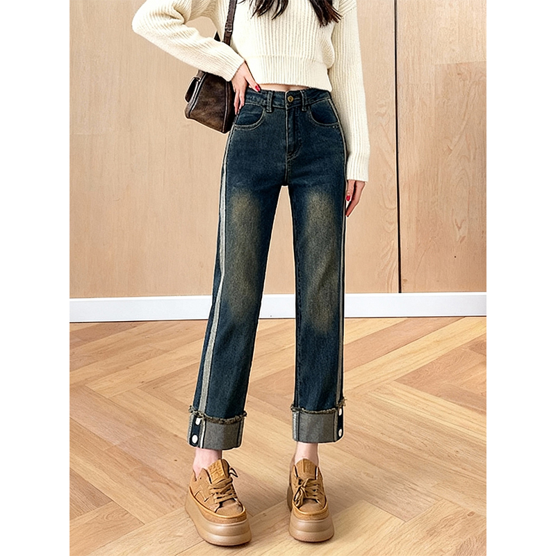 加绒加厚小个子窄版烟管牛仔裤女