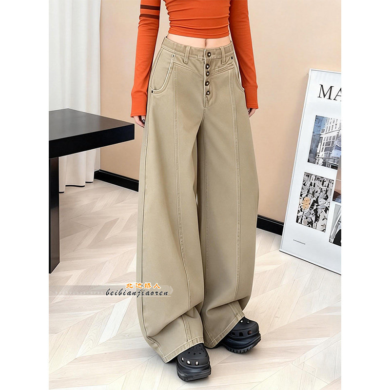 美式工装风排扣阔腿牛仔裤女2026春季新款宽松显瘦设计感弯刀长裤,女装/女士精品,大码裤装,淘宝优惠券,粉丝福利购,淘宝优惠卷