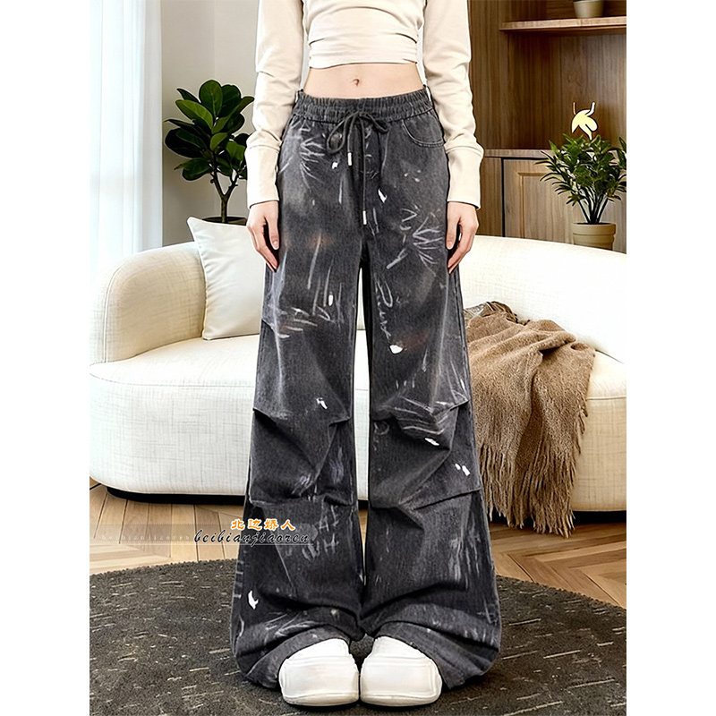 高街风涂鸦印花阔腿裤女2026春季新款抽绳宽松设计感直筒休闲长裤,女装/女士精品,大码裤装,淘宝优惠券,粉丝福利购,淘宝优惠卷