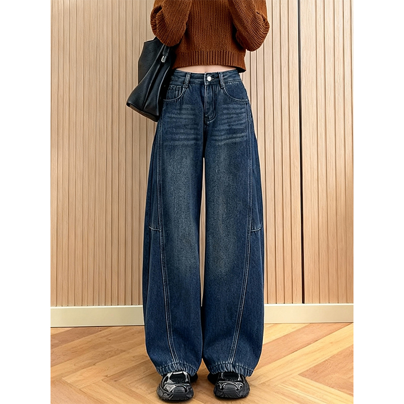 加绒加厚拼接复古韩版牛仔弯刀裤