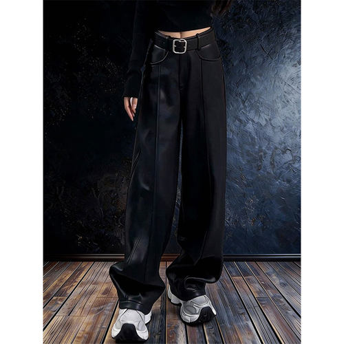 设计感时尚洋气黑色皮裤阔腿裤女