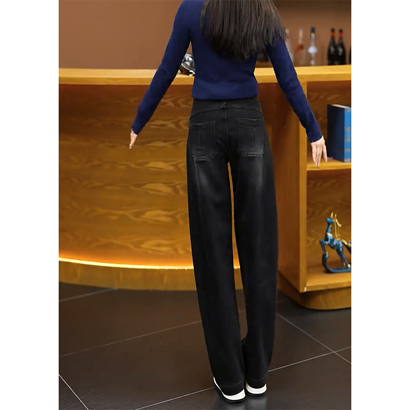 加绒设计感拼接黑色弯刀牛仔裤