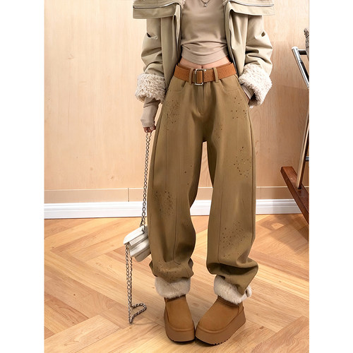 加绒加厚复古高腰卡色阔腿牛仔裤