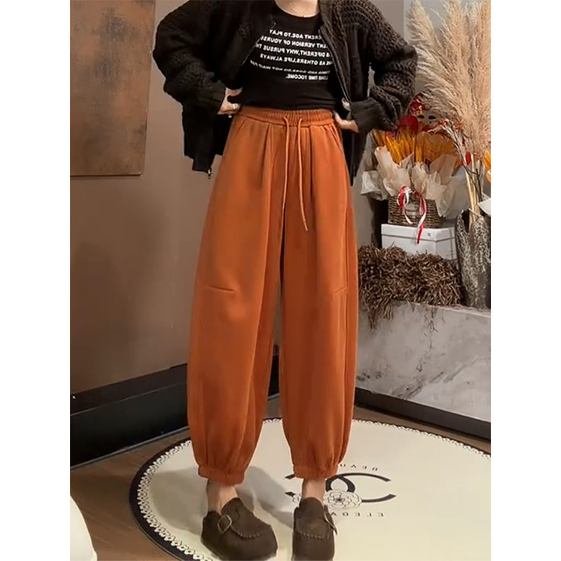 加绒加厚九分束脚桔色休闲裤女2025秋冬新款韩版阔腿显瘦灯笼裤,女装/女士精品,大码裤装,淘宝优惠券,粉丝福利购,淘宝优惠卷