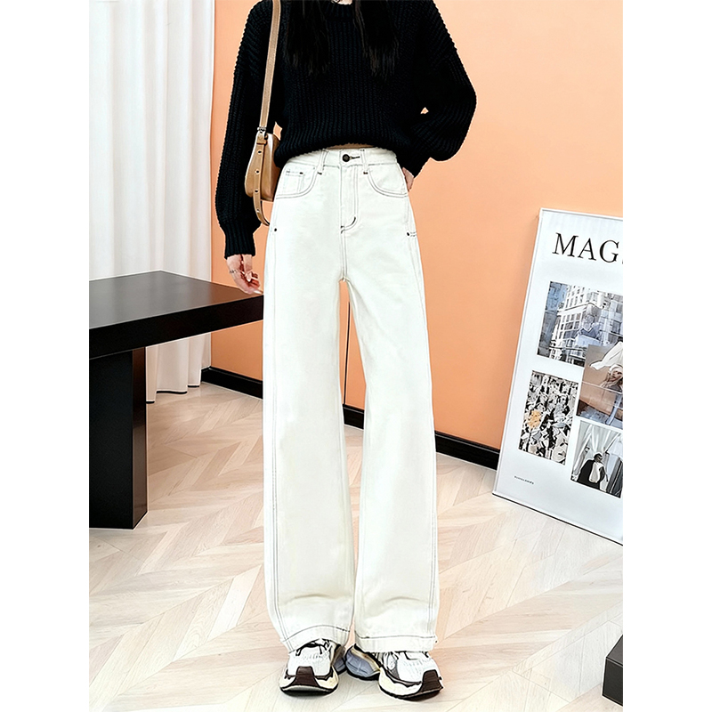 秋冬白色直筒牛仔裤女宽松显瘦