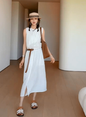 欧货白色连衣裙女2026春季新款超好看千金风遮肚显瘦无袖背心裙