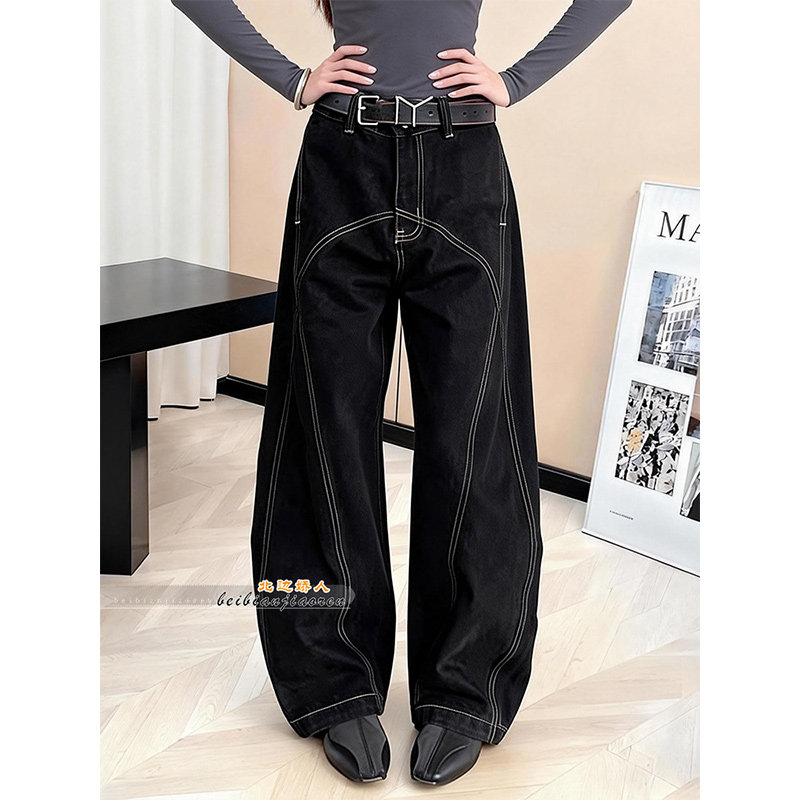 暗黑风明线黑色牛仔裤女2026春季新款宽松阔腿小众设计感弯刀长裤,女装/女士精品,大码裤装,淘宝优惠券,粉丝福利购,淘宝优惠卷