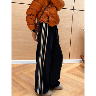 宽松显瘦舒适百搭长裤 新款 女2025冬季 设计感竖条纹抽绳运动休闲裤