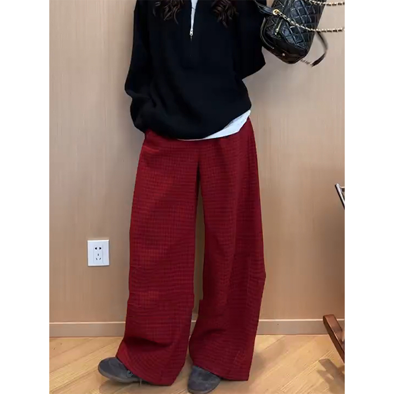 时尚洋气减龄百搭红色格子阔腿裤