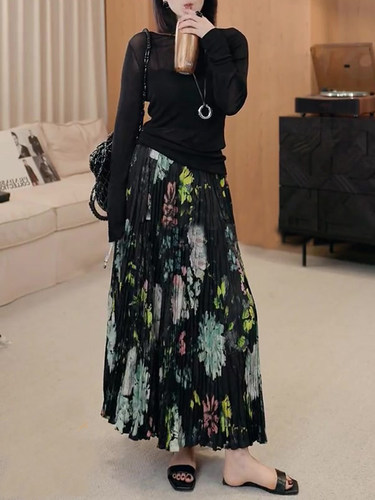 松紧腰百褶印花半身裙女