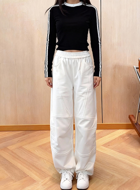 加绒加厚白色弯刀运动休闲裤女2025冬季新款立裁高腰百搭宽松显瘦