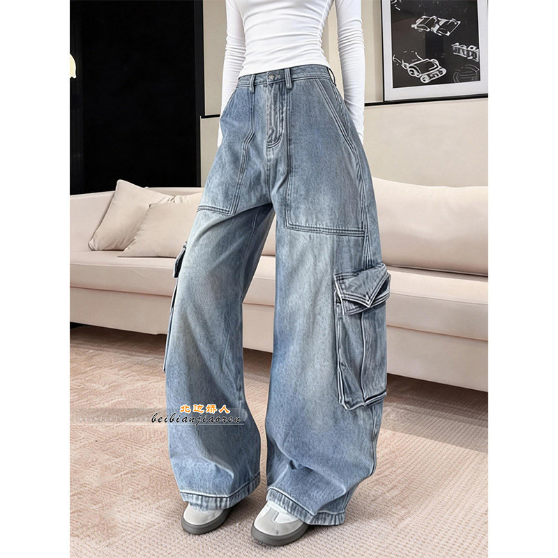 美式工装风多口袋阔腿牛仔裤女2026春季新款宽松显瘦拖地弯刀长裤,女装/女士精品,大码裤装,淘宝优惠券,粉丝福利购,淘宝优惠卷