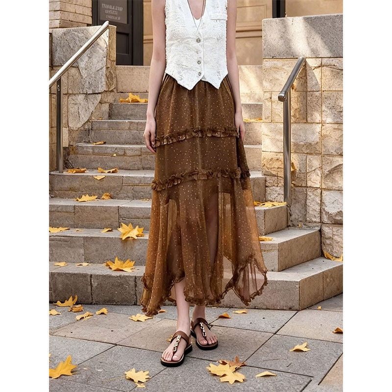 美拉德复古波点不规则网纱拼接半身裙女2026春夏新款优雅飘逸长裙
