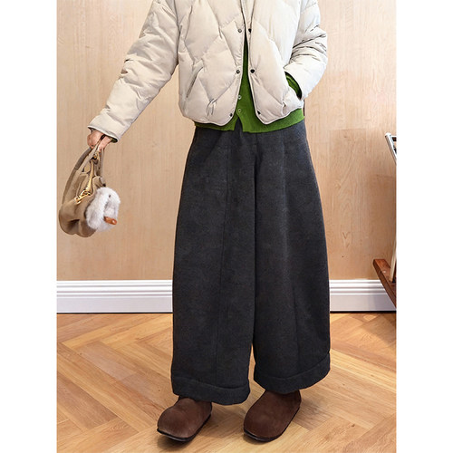 极简风毛呢加厚阔腿休闲裤女2025