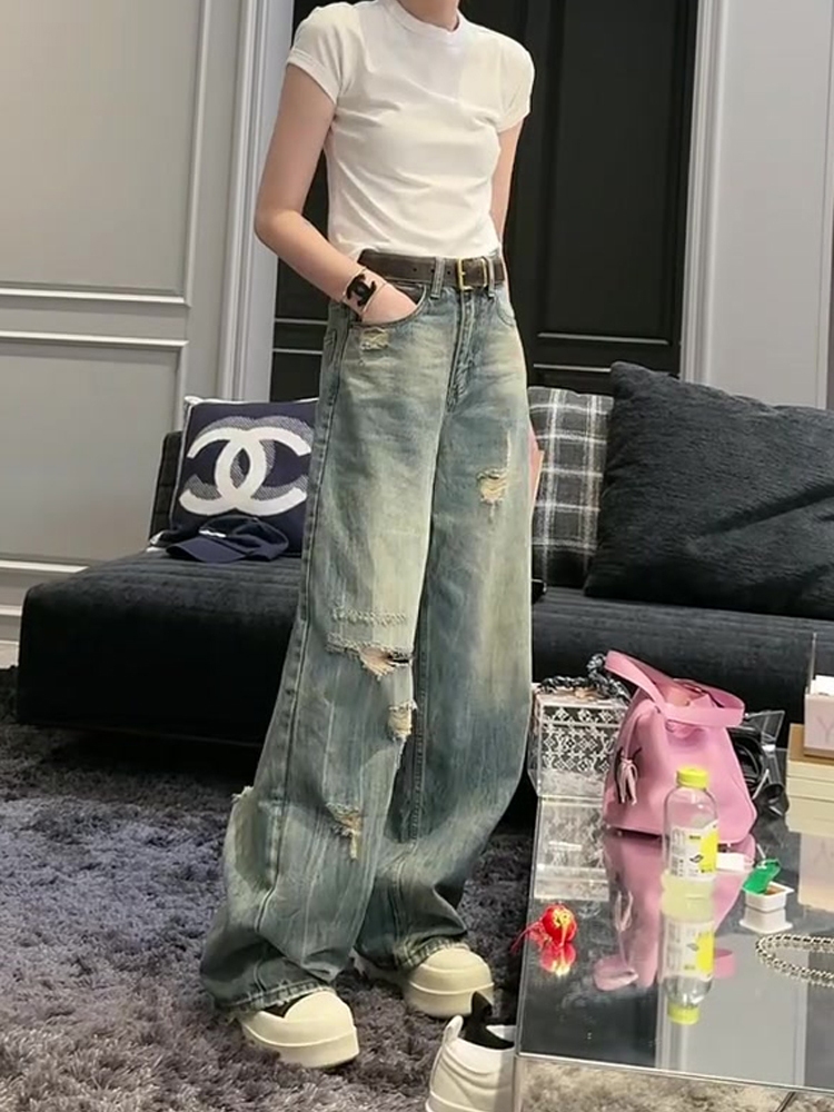复古磨破水洗牛仔阔腿裤女
