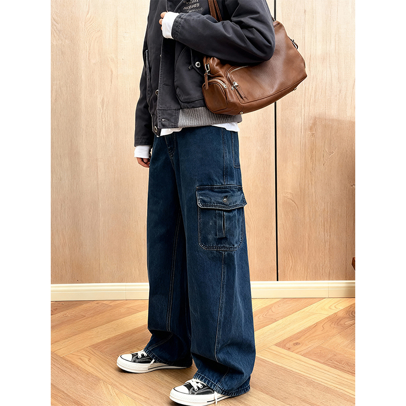 日系复古水洗工装阔腿牛仔裤女20