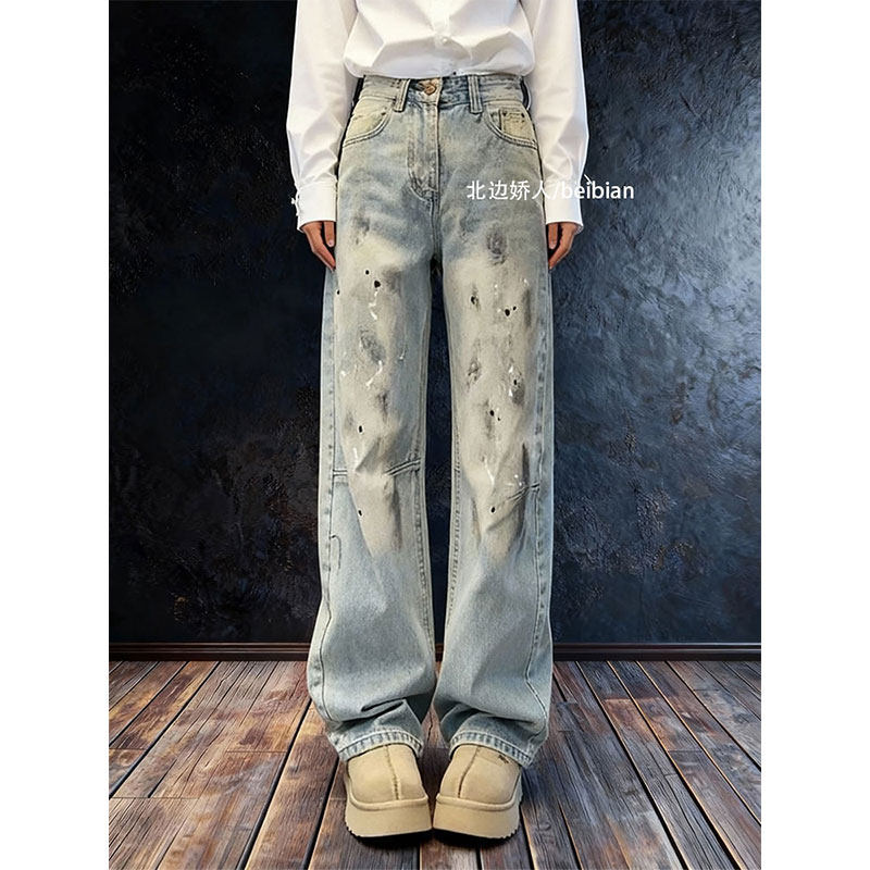 美式高街做旧泼墨涂鸦阔腿牛仔裤女2026早春宽松显瘦百搭直筒长裤,女装/女士精品,大码裤装,淘宝优惠券,粉丝福利购,淘宝优惠卷