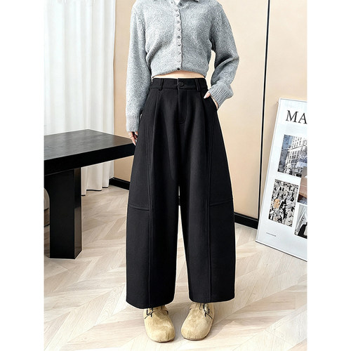 加厚2025秋冬韩版毛呢高腰阔腿裤