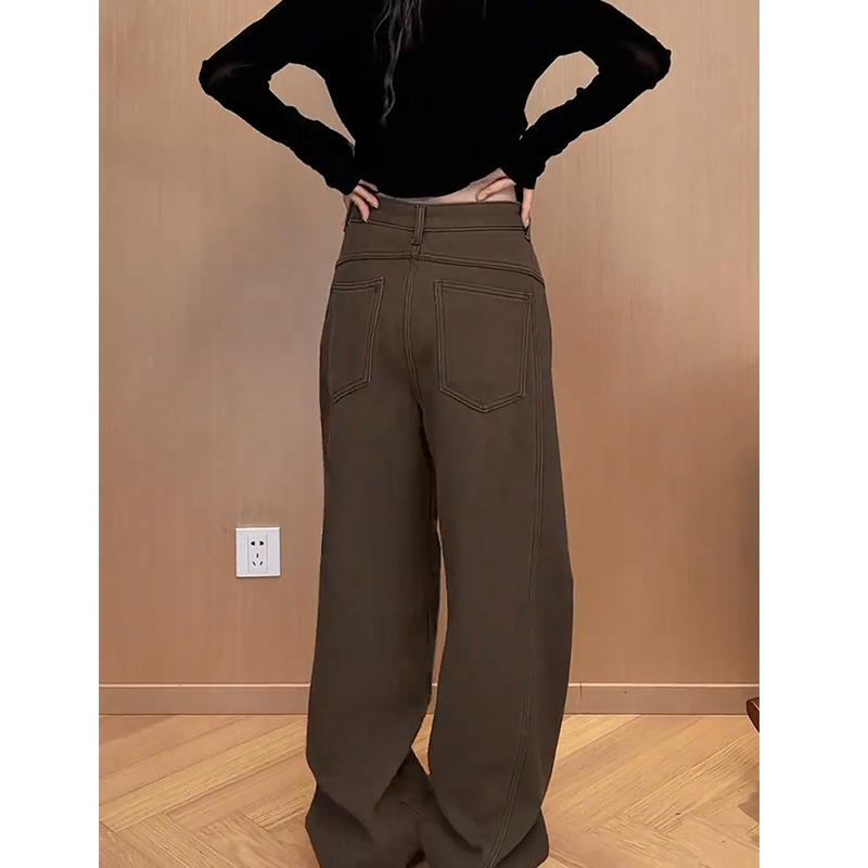 美拉德咖色加绒加厚阔腿牛仔裤女