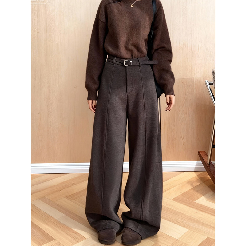 极简风加绒毛呢高腰弯刀阔腿裤女2025冬季新款宽松显瘦百搭休闲裤,女装/女士精品,大码裤装,淘宝优惠券,粉丝福利购,淘宝优惠卷