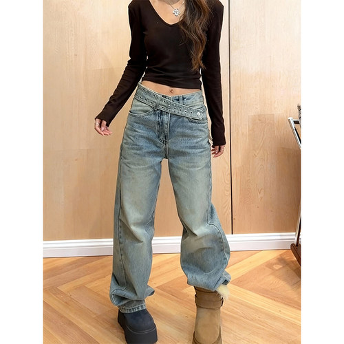 加绒加厚牛仔裤女小众腰头设计