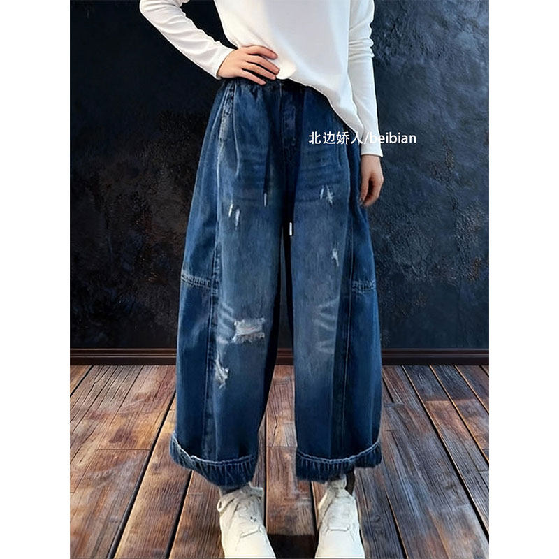 设计感时尚破洞阔腿牛仔裤女2026早春大码胖mm宽松显瘦百搭灯笼裤,女装/女士精品,大码裤装,淘宝优惠券,粉丝福利购,淘宝优惠卷