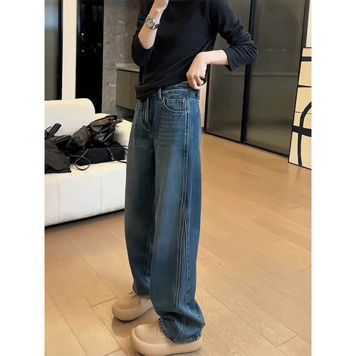 蓝色2025早春新款线条牛仔裤