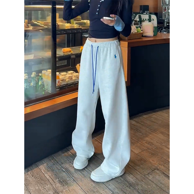 加绒显瘦休闲裤女刺绣高腰慵懒