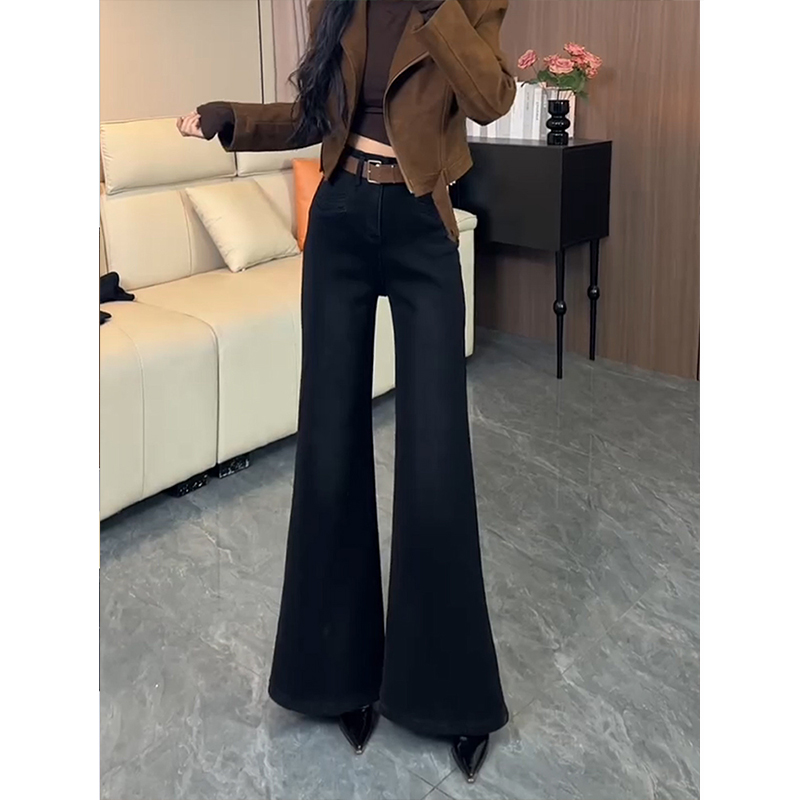 加绒保暖复古高腰显瘦阔腿牛仔裤