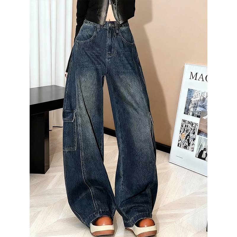 冬季新款宽松阔腿多口袋直筒裤