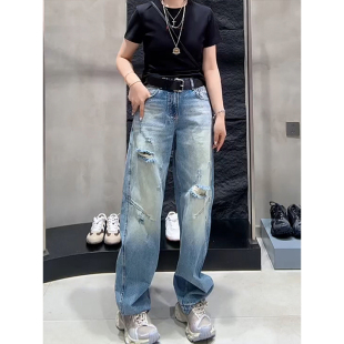 弯刀休闲阔腿裤 高级感窄版 子 女2025夏季 复古欧货毛边破洞牛仔裤
