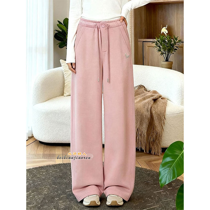 设计感小马刺绣粉色抽绳阔腿裤女2026早春松紧腰舒适百搭休闲卫裤,女装/女士精品,大码裤装,淘宝优惠券,粉丝福利购,淘宝优惠卷