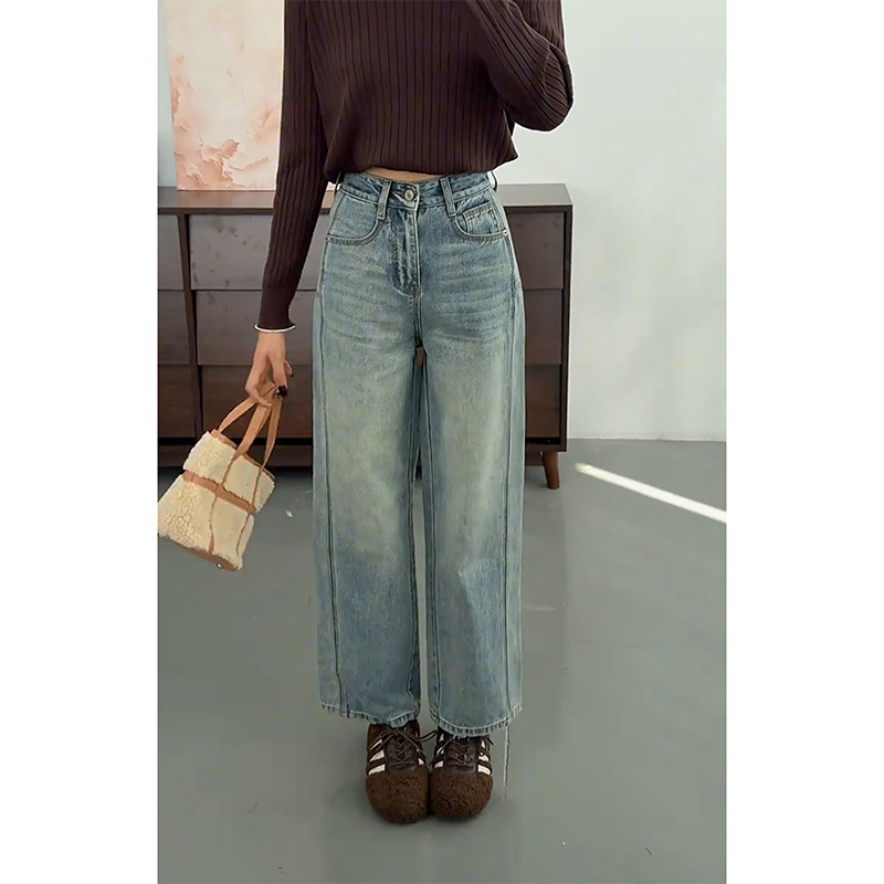 加绒复古拼接时尚窄版牛仔裤女