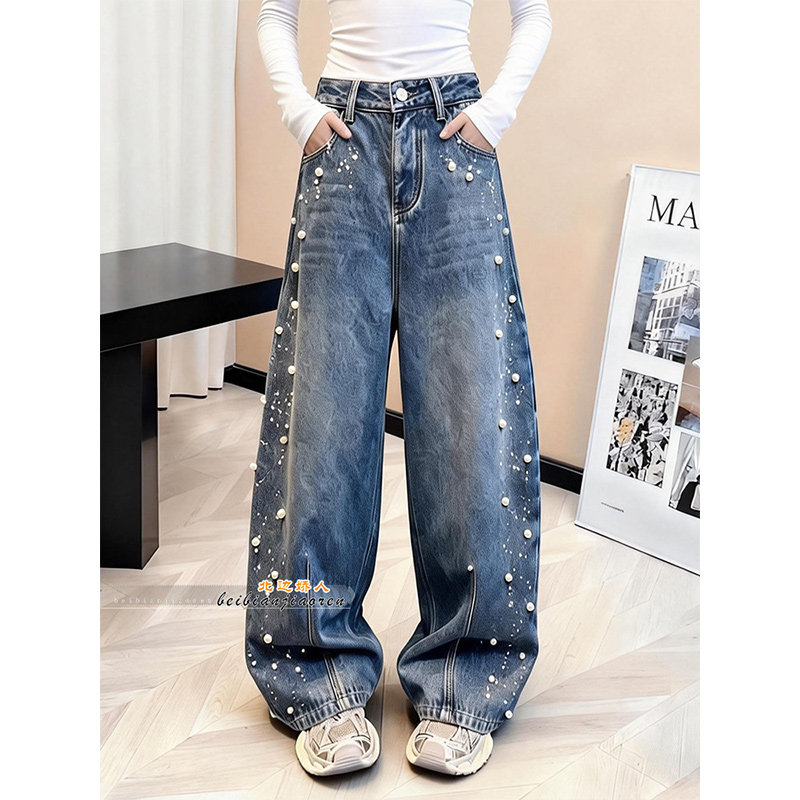 大码加绒加厚珍珠重工牛仔裤女2026春季新款高腰宽松显瘦阔腿长裤,女装/女士精品,大码裤装,淘宝优惠券,粉丝福利购,淘宝优惠卷