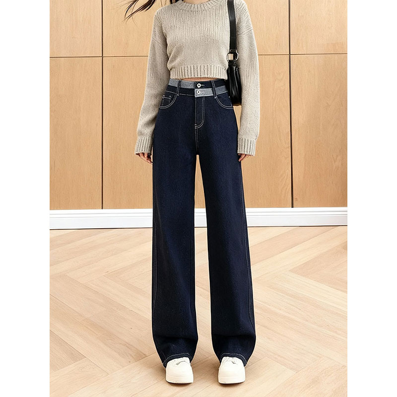 深蓝色阔腿宽松牛仔裤女高腰显瘦