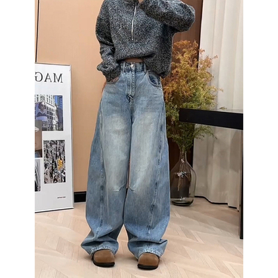 加绒厚款冬季时髦复古弯刀牛仔裤