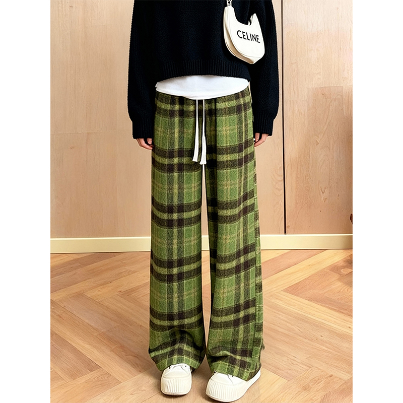 加绒加厚绿色毛呢格子裤女2025冬