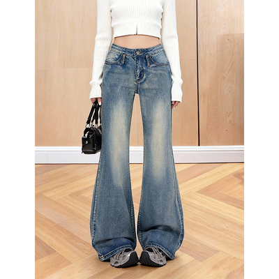 加绒加厚中腰复古喇叭牛仔裤女