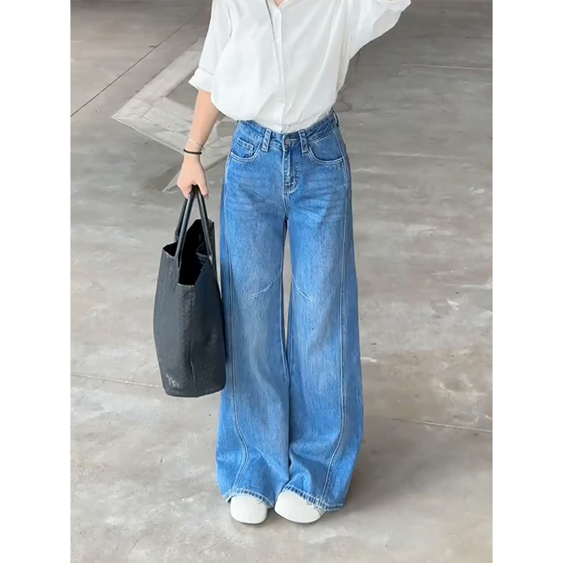 磨白水洗牛仔裤女立裁高腰显瘦