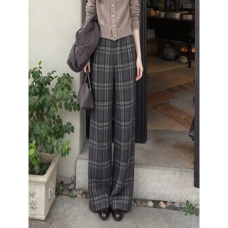 老钱风高级感格纹阔腿裤女2026秋季新款高腰宽松直筒裤梨形报恩裤