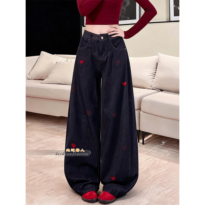 深蓝色爱心刺绣阔腿牛仔裤女2026春季新款高腰宽松显瘦垂感直筒裤,女装/女士精品,大码裤装,淘宝优惠券,粉丝福利购,淘宝优惠卷
