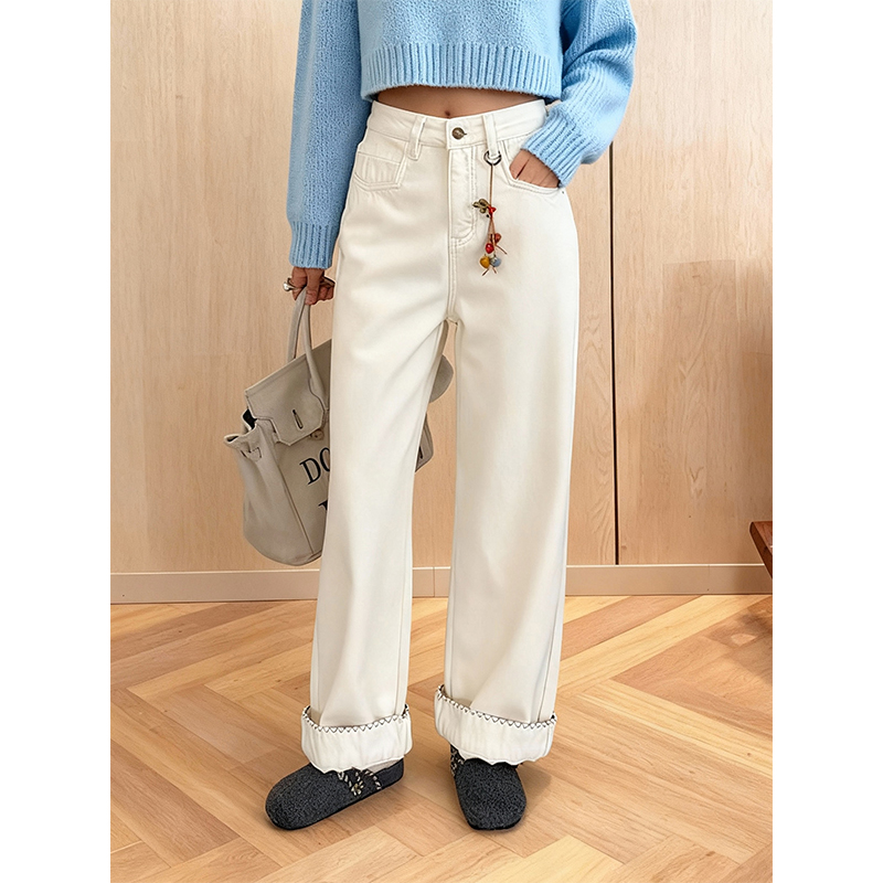 加绒加厚高级感象牙白牛仔裤2025