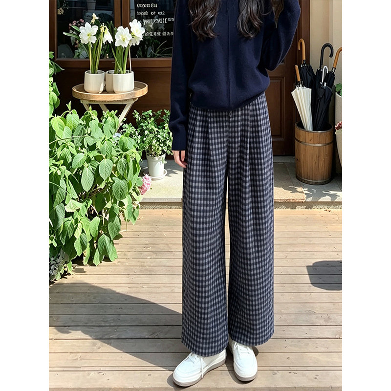 慵懒风格子阔腿裤女秋季新款松紧腰显瘦休闲裤小个子百搭直筒裤