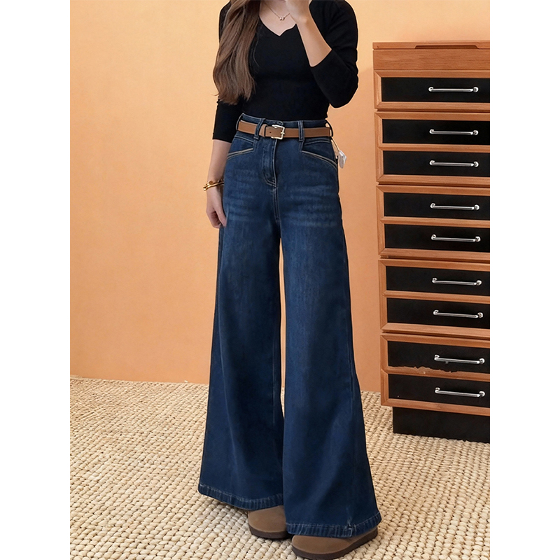 秋冬深蓝色高腰阔腿牛仔裤女宽松
