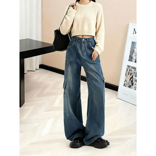 美式复古高腰阔腿牛仔裤女加厚