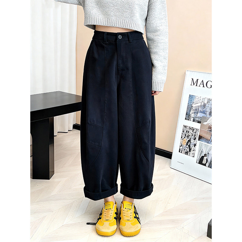 加绒加厚藏青色弯刀裤女2025冬季新款高腰宽松显瘦阔腿设计感裤子,女装/女士精品,大码裤装,淘宝优惠券,粉丝福利购,淘宝优惠卷