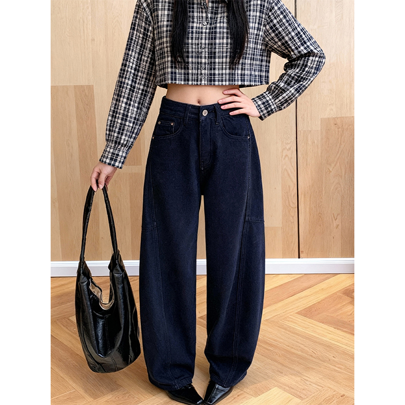 弯刀牛仔裤女宽松阔腿显瘦深蓝色